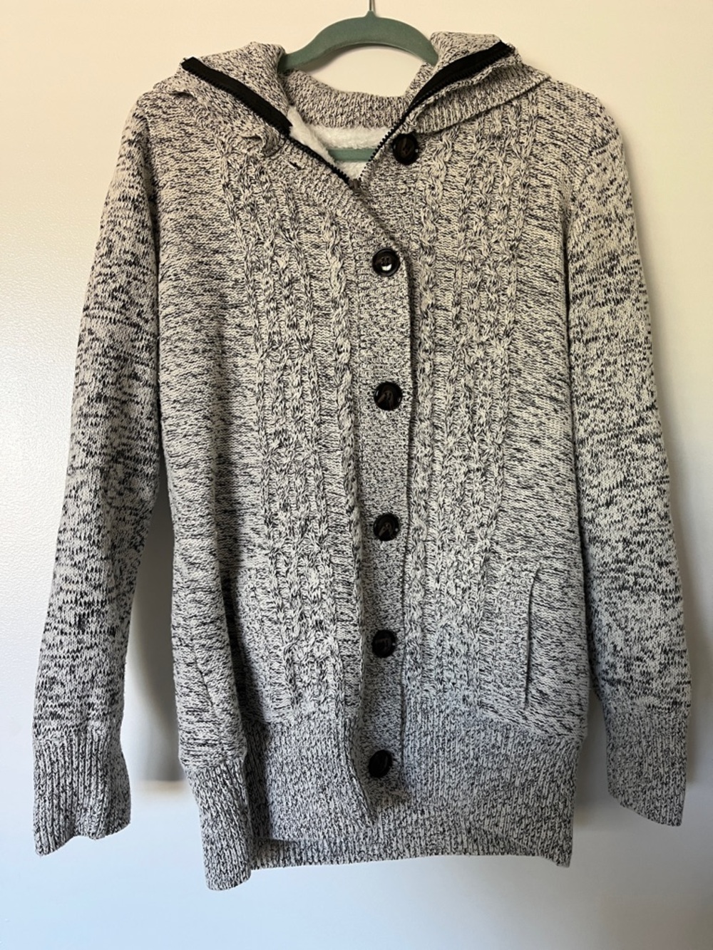 Marled Knit Hooded Cardigan Sweater - Black & White